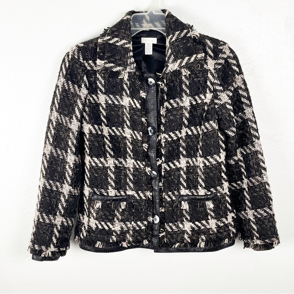CHICO’S Brown Tweed Faux Leather Trim Button Frayed Hem Lined Blazer, Size Small